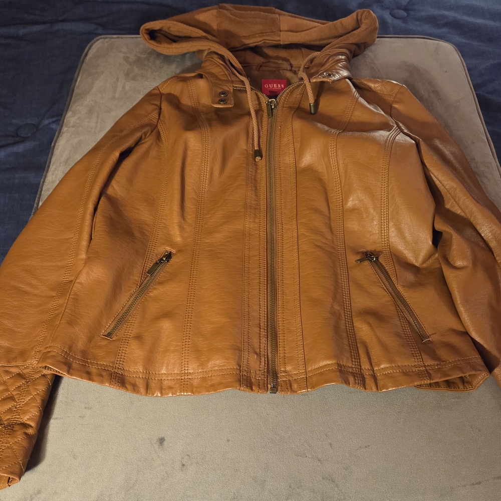 Guess Tan Faux Leather Jacket with Hood and Vintage Finish